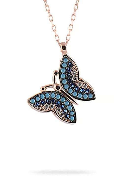 Auqamarin Ve Lacivert Renk Kelebek Model 925 Ayar Gümüş Kolye Gklklbklcvt-Alt