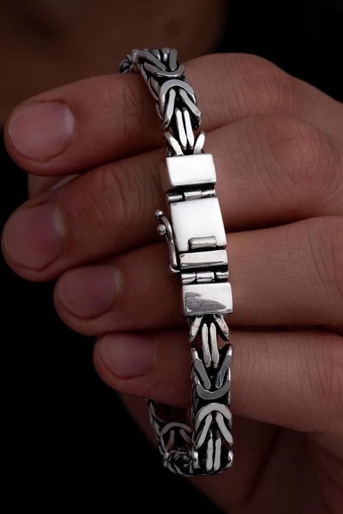 7.5 Mm Özel Kilit Tasarımlı Dikdörtgen Kesim Kral Model Erkek Gümüş Bileklik