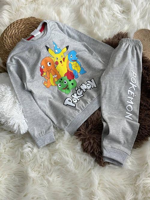Pokemon Karakter Baskılı Çocuk Pijama Takımı - Açık Gri