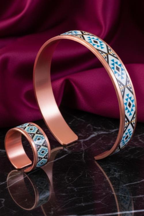 Kadın Bakır Bileklik Yüzük Set - Eyes Model Özel Baskı Metal Kutu Ve Kuvars Taşı