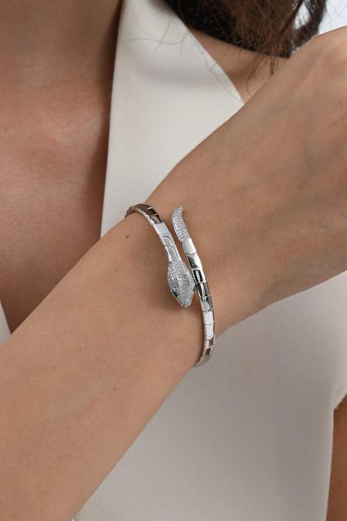 925 ayar gümüş rodyumlu gözü yeşil zirkon taşlı yılan modeli bilezik [barcode]