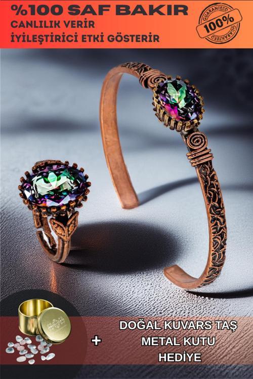 Kadın Bakır Bileklik Yüzük Set - Mistik Topaz Taş Mekik Ağaç Kabuğu Model İnce Metal Kutu Kuvars Taş