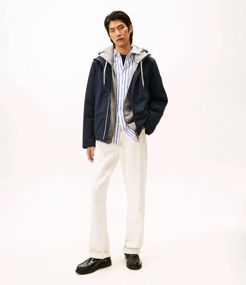 İkonik Renk Bloklu Kapüşonlu Erkek Mavi Ceket MW0MW41082DW5