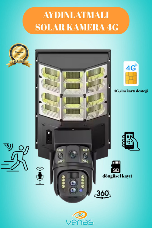 4G Sim kartlı 20 Watt Solar panelli Sokak aydınlatmalı Çift Kameralı Çakarlı Güvenlik Kamerası