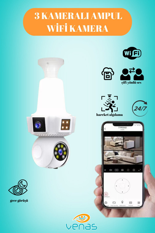 3 Kameralı duy ile çalışan 360° Dönebilir Geniş açı Hareketi bildiren Ampul Kamera