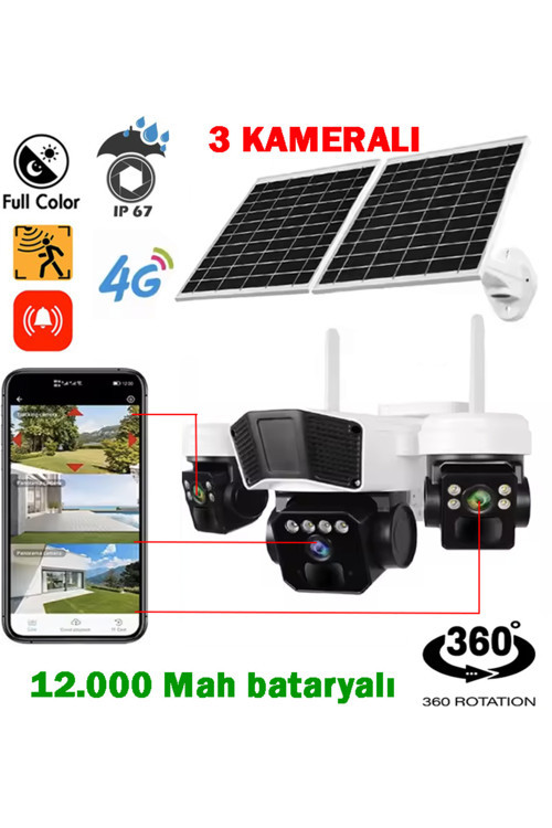 3 Kameralı ve Çift Solar Panelli 4G Sim kart ile çalışan Güvenlik kamerası
