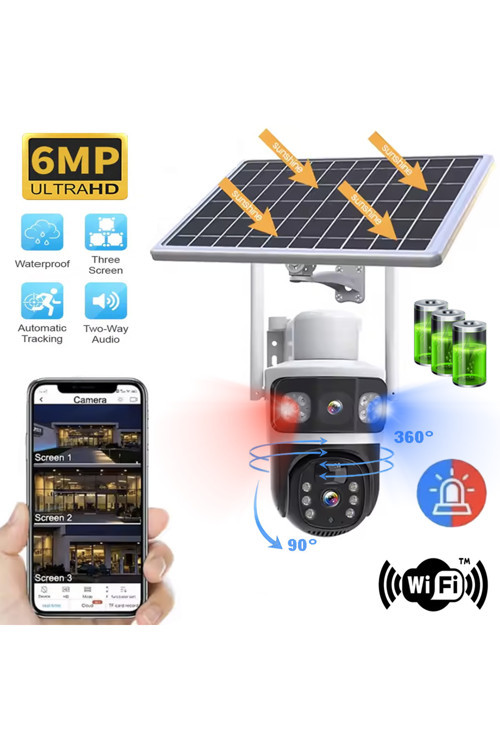 6 MP Çift Kameralı Wifi Solar Panelli Çakarlı Kablosuz Yapay zekalı Akıllı Güvenlik Kamerası