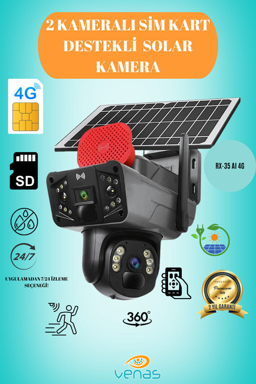 6 Mp Çift Kameralı Ve Sensörlü Güneş Panelli Sim Kart İle Çalışan Kablosuz İp Wifi Güvenlik Kamerası