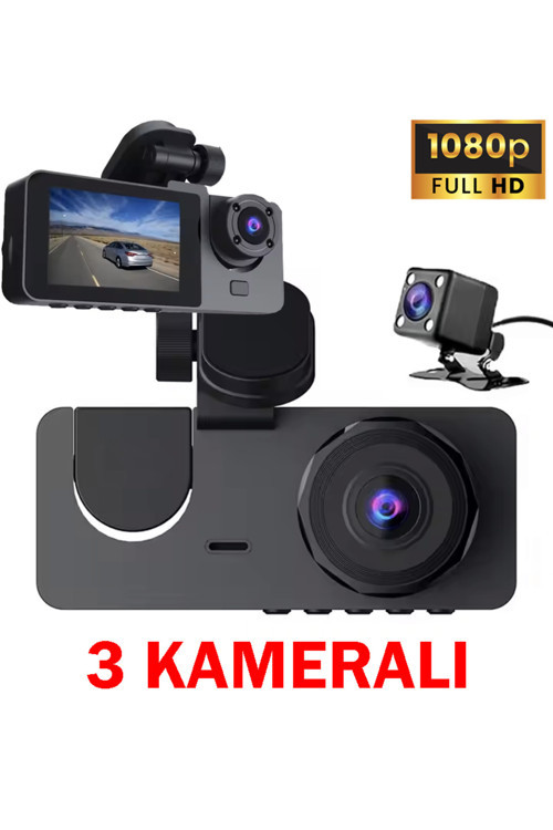 1080P Full HD 3 Kameralı Hafıza kartına kayıtlı Hareket algılamalı araç kamerası