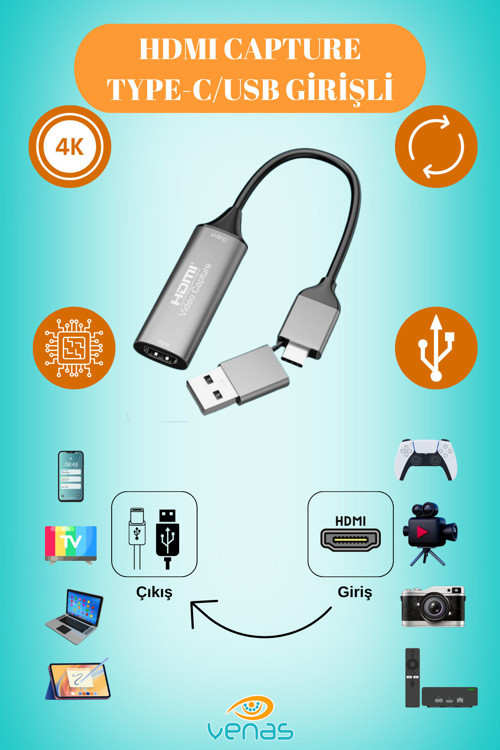 4K 30Hz HDMI Video Capture Card USB 3.0 ve Type-C Görüntü Yakalama Kartı