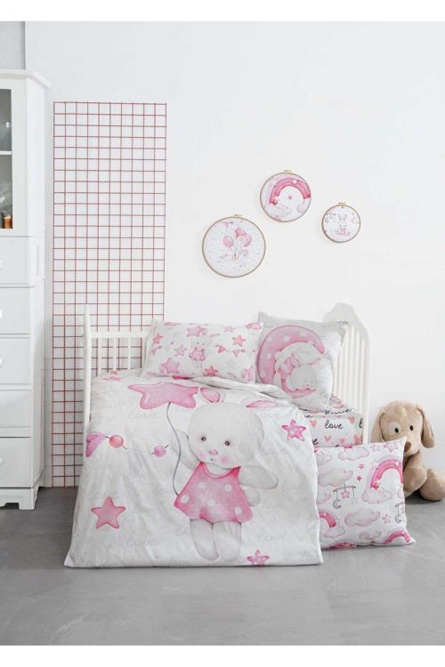Mibabies; Pink Sleep, Renkli Bebek Odası Seti: Nevresim Takımı, Kırlent, Duvar Süsü, %100 Pamuk