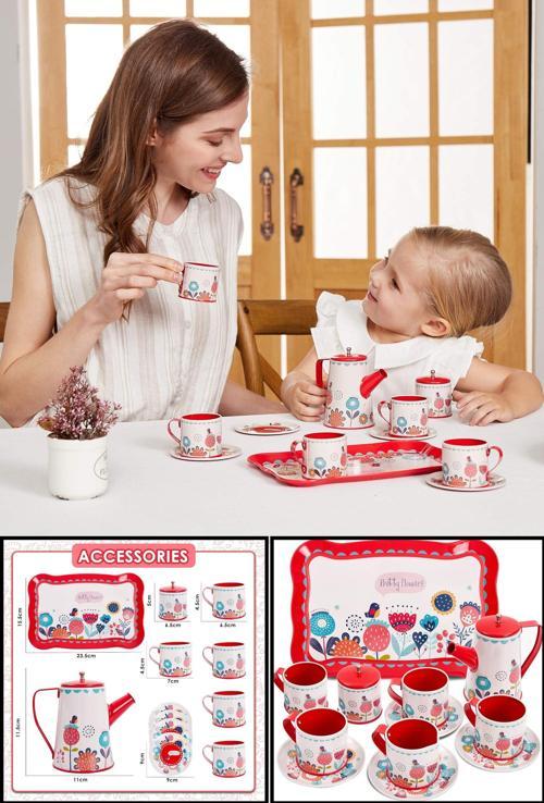 Çiçek Desenli Metal Çay Seti 12 Parça – Çocuklar İçin Renkli Oyun Çay Servis Takımı - Kırmızı
