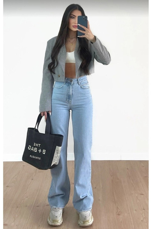 New Salaş Mavi Kar Yıkama Palazzo Bol Paça Jeans