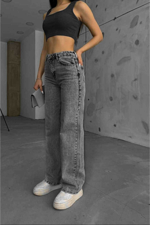Ganikus Eyma Füme Salaş Füme Palazzo Kadın Jeans Pantolon