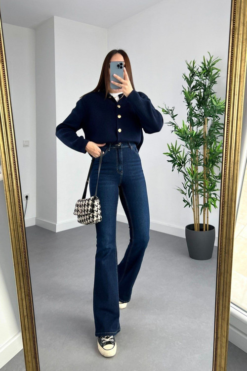 Ganikus Sevda Likralı Kadın Ispanyol Lacivert Esnek Flare Jeans Kot Pantolon-4