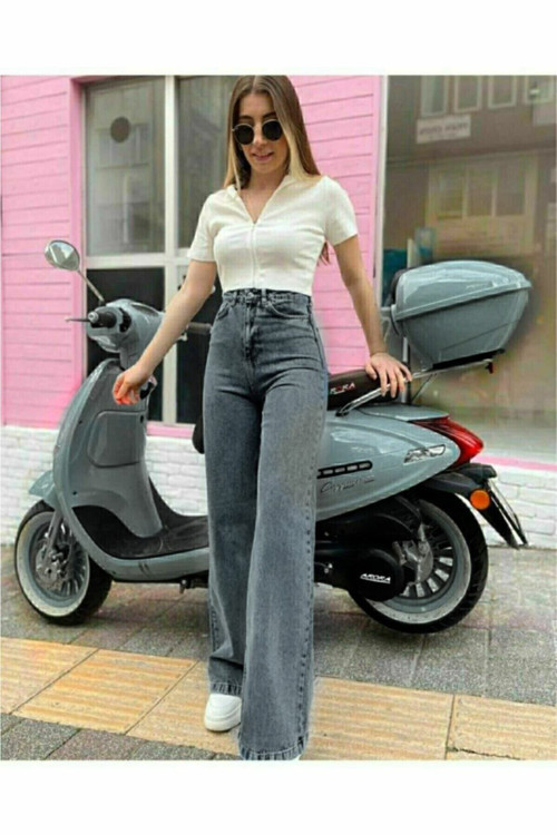 Ganikus Nisa Salaş Füme Palazzo Rahat Kesim Kadın Jeans Pantolon New
