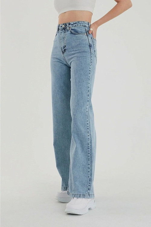 Bahar Kadın Kar Salaş Mavi Yüksek Bel Likralı Palazzo Bol Paça Jeans Kot Pantolon
