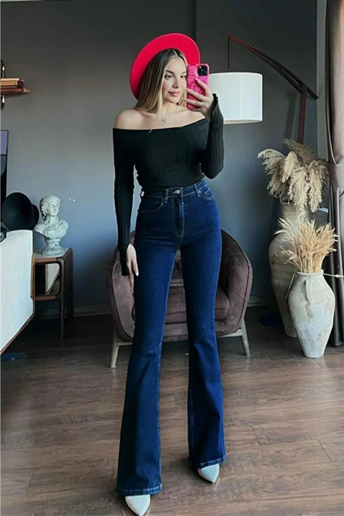 Ganikus Sevgi Kadın Ispanyol Lacivert Esnek Flare Jeans Kot Pantolon-3