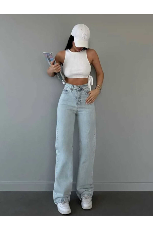 Sara Salaş Kar Yıkama Mavi Kot Palazzo Bol Paça Jeans New