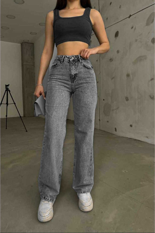 Ganikus Lara Füme Salaş Kot Likralı Palazzo Bol Paça Jeans New