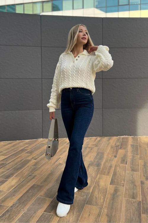 Ganikus Bahar Kadın Ispanyol Lacivert Esnek Flare Jeans Kot Pantolon-2