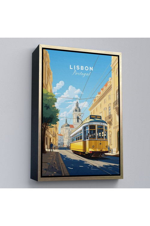 Çerçeveli Portekiz Lizbon Sarı Tramvay Tablosu-7972