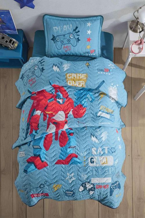 Ranforce %100 Pamuk Tek Kişilik Yatak Örtüsü Seti Game Over Mavi