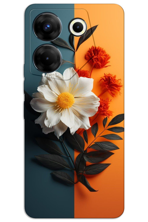 Tecno Camon 20 Pro 4G Kılıf HD Desen Baskılı Arka Kapak - Beyaz Turuncu Çiçek