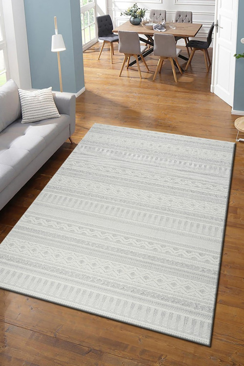 Modern Geometrik Tasarımlı Jüt Dokuma Loop Sisal Gri Renk Halı