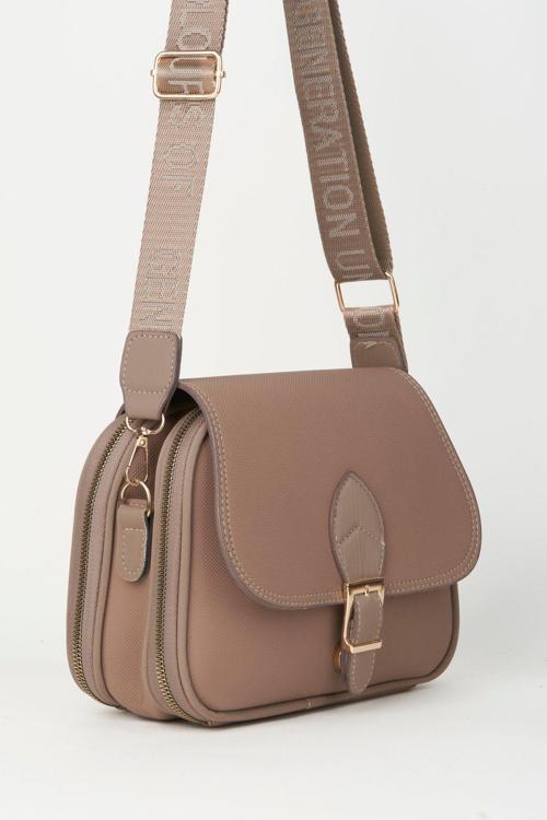 Kadın Yonca Koyu Vizon 4 Cepli Kapaklı Kolon Askılı Fermuar ve Çıt Çıt Kapama El Kol Ve Omuz Çantası