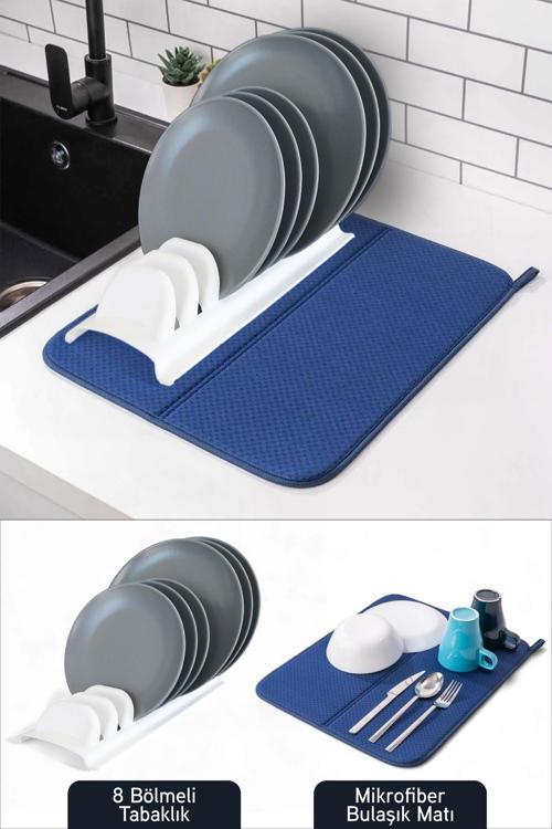 Mikrofiber Bulaşık Kurutma Matı ve 8 Bölmeli Tabaklık Bulaşıklık Set