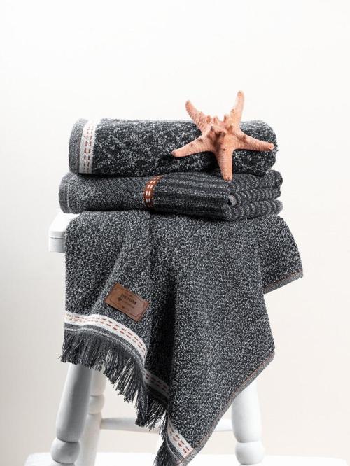 3'lü Jakarlı Havlu Seti Çantalı (50x90)-Denim Antrasit