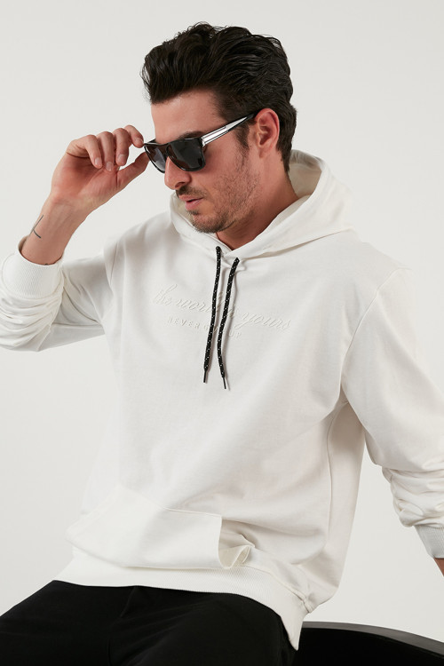 Slim Fit Baskılı Kapüşonlu Kanguru Cepli Pamuklu Erkek Sweat 5414018 EKRU