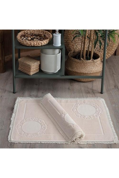 Püskül Dantelli Ayak Havlusu 50x70 cm - 2 adet-Bej