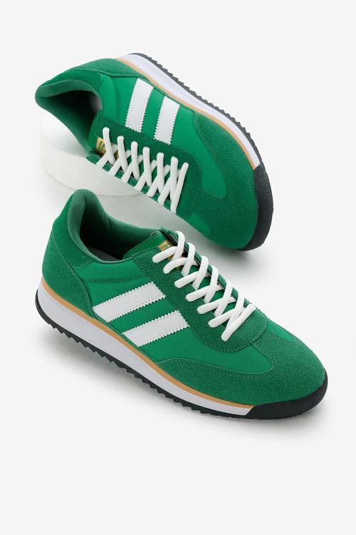 Unisex Yeşil Termo Taban Çift Şeritli Bağcıklı Spor Ayakkabı