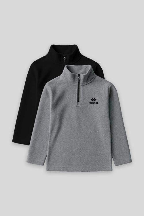 Standart Fit 2li Paket Siyah-Gri Melanj Erkek Çocuk Polar Sweatshirt - 11221