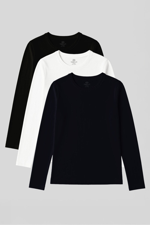 Standart Fit Basic O Yaka 3lü Paket Siyah-Beyaz-Lacivert Kadın T-Shirt - 97312
