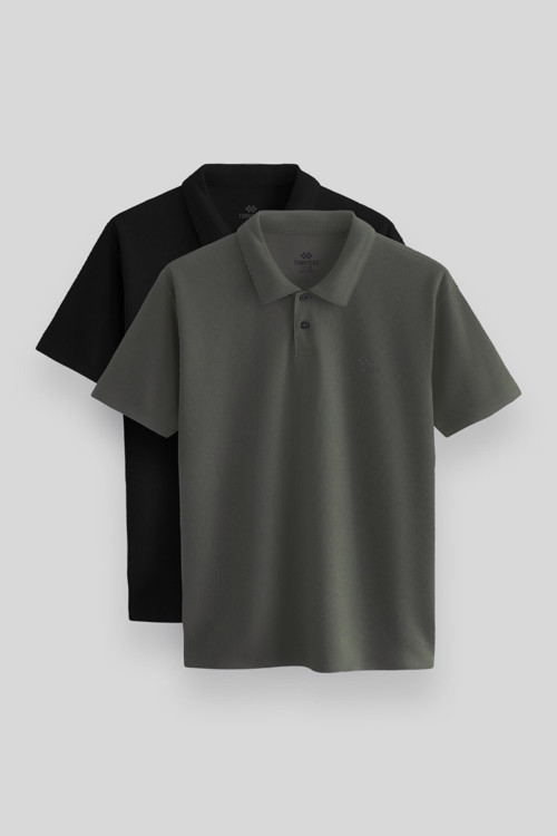 Standart Fit Basic Polo Yaka 2li Paket Siyah-Çağla Erkek T-Shirt - 87748