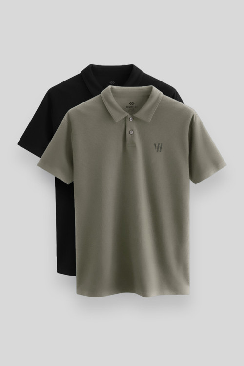 Standart Fit Basic Polo Yaka 2li Paket Siyah-Çağla Erkek T-Shirt - 87768