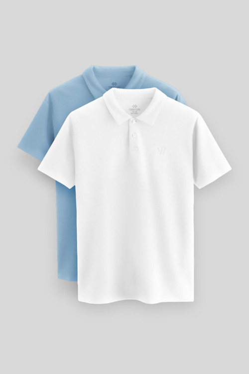 Standart Fit Basic Polo Yaka 2li Paket Beyaz-Buz Mavi Erkek T-Shirt - 87768