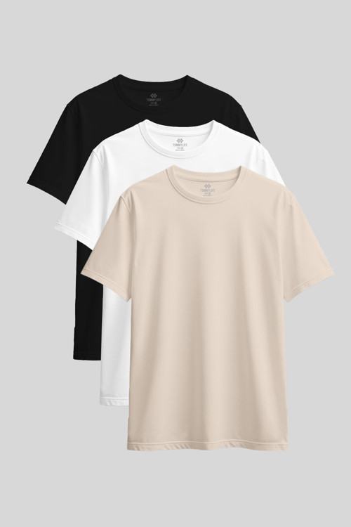Standart Fit Basic O Yaka 3lü Paket Siyah-Beyaz-Bej Kadın T-Shirt - 97311