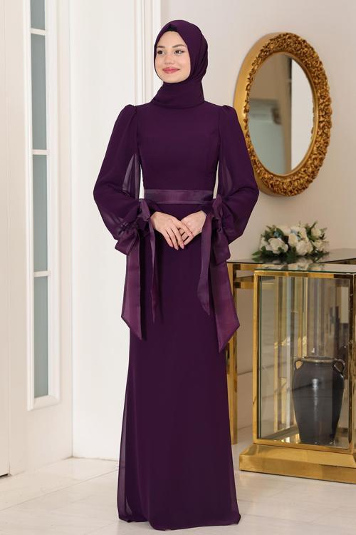 Kol Detaylı Firuze Şifon Tesettür Abiye