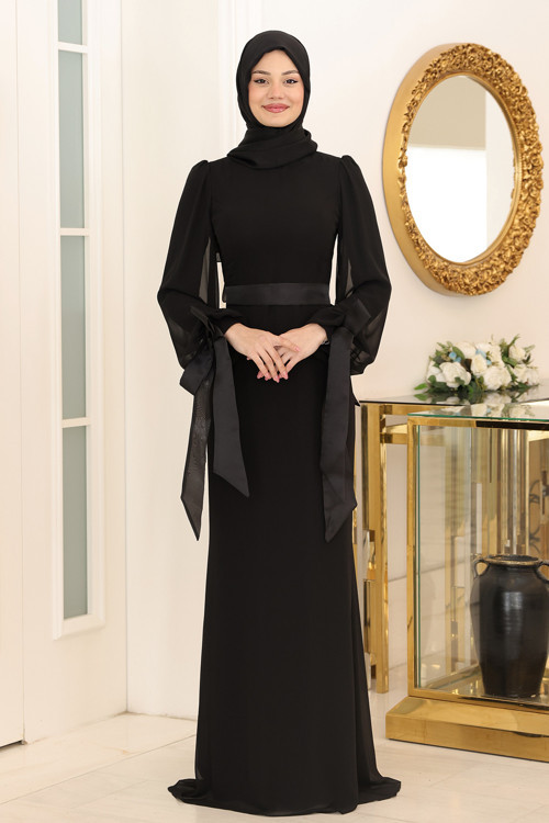 Kol Detaylı Firuze Şifon Tesettür Abiye