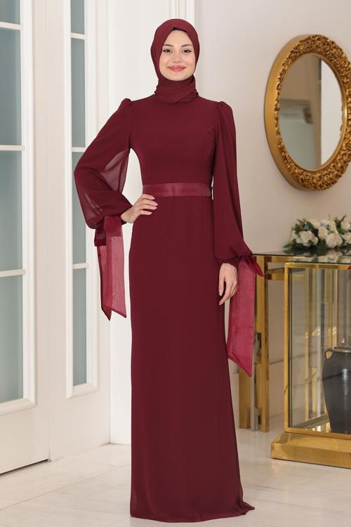 Kol Detaylı Firuze Şifon Tesettür Abiye