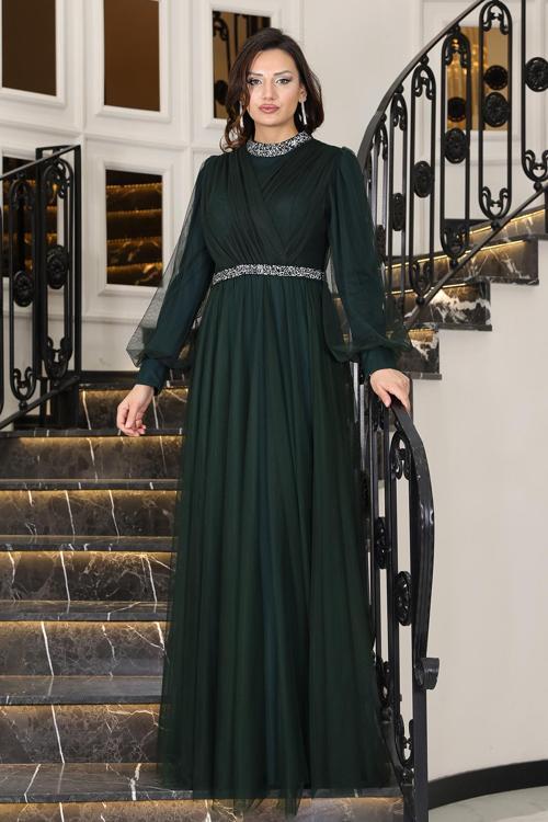 Senna Taş Detaylı Büyük Beden Şık Tesettür Abiye