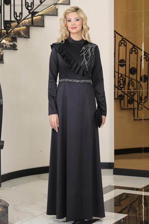 Omuz Taş Baskı Şık Saten Ada Büyük Beden Tesettür Abiye