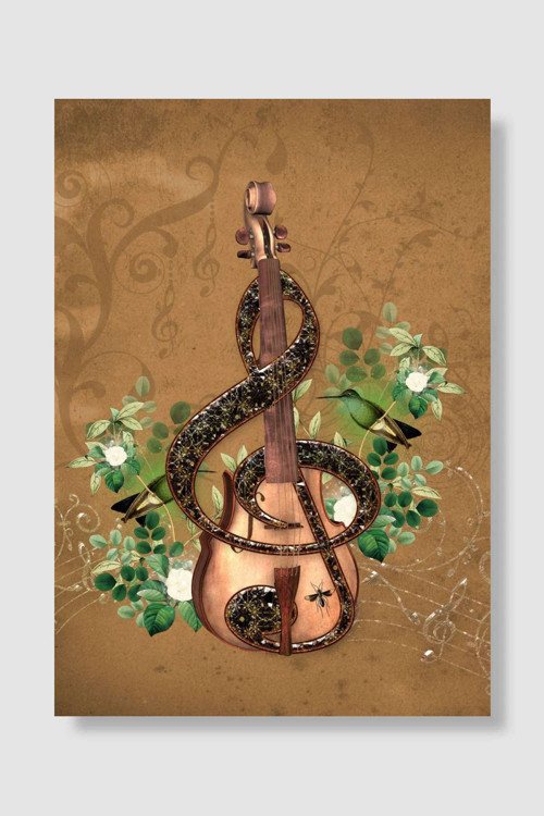 Violin with clef and flowe Müzik Poster Çerçevesiz Yüksek Kalite Müzik Afiş Duvar Poster
