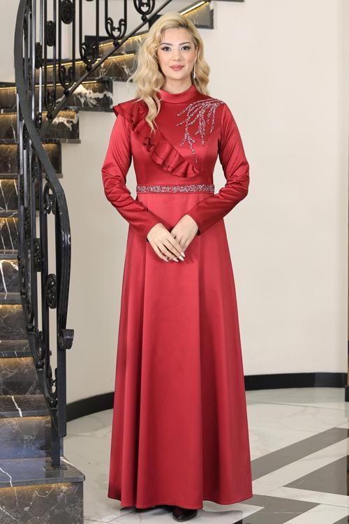 Omuz Taş Baskı Şık Saten Ada Büyük Beden Tesettür Abiye