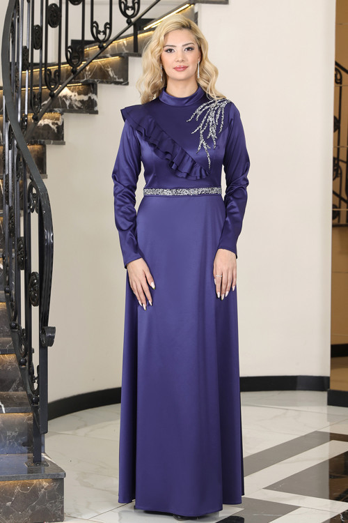 Omuz Taş Baskı Şık Saten Ada Büyük Beden Tesettür Abiye