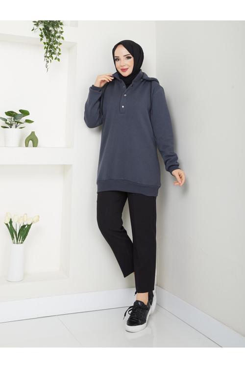 Kapşonlu 3 İplik Büyük Beden Tesettür Sweatshirt